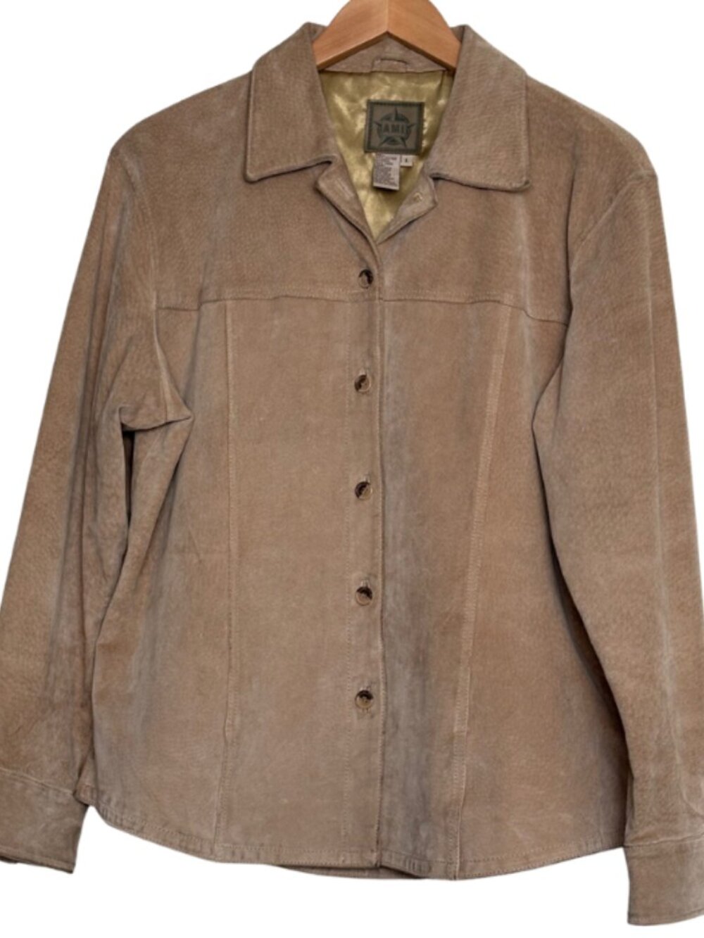 A.M.I Suede Leather Jacket Womens Large Tan Button Front Lined Jacket EUC